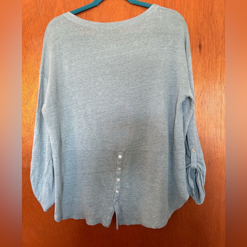 Large Sage Green Adrienne Vittadini Boatneck Linen Roll Tab Sleeve Top - Picture 3 of 11
